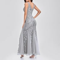 Летни Фустани За Жени Мода Со Долги Ракави А-Линија Солиден Празник V-Вратот Фустан Греј XL
