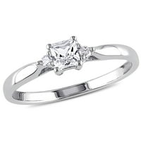 Miaенски Carat Carat T.G.W. Квадрат создаден бел сафир и тркалезен дијамантски акцент Стерлинг сребрен прстен за ангажман со 3-камен