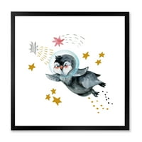 DesignArt 'Малиот пингвин летачки планети и starsвезди I' Farmhouse Rramed Art Print