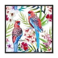 Розела птици кои седат на цвеќиња од дрво гранки, врамени сликарско платно уметничко печатење