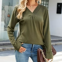 Заштеди Мода Жена Долг Ракав V-Вратот Лабава Дуксер Цврста Блуза Блузи Армија Зелена XL