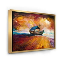 Дизајнрт „Традиционален рибарски брод за време на океанот вечер сјај“ наутички и крајбрежен врамен платно wallиден уметност