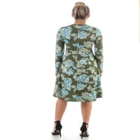 Удобност облека за жени, зелена цветна долга ракав колена должина на маица фустан