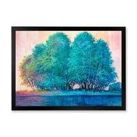 DesignArt „Царен впечаток на сино обоено дрво од езерото“ езерска куќа врамена уметничка печатење