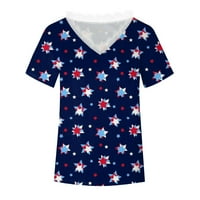 Женски Врвови Печатена Блуза Со Кратки Ракави Денот На Независноста Дами Лето V-Вратот Мода Темно Сина 2XL