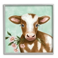 СТУПЕЛ ИНДУСТРИИ Бебе кафеава крава меки очи розови маргаритки графички уметност сива врамена уметничка печатена wallидна уметност,