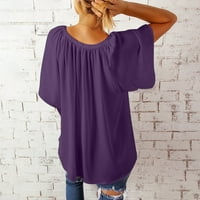 Женски Врвови V-Вратот Жени Блуза Обични Цврсти Маици Кратки Ракави Мода Виолетова 2XL