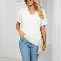 Блуза Женска Мода Лежерна Удобна Еднобојна V - Вратот Краток Ракав Врвот БЛУЗАБЕЛА XL