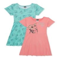 Девојки за девојчиња за бебе Јода, вкусни фустани со кратки ракави, 2-пакувања, големини 4-12