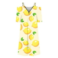Жените Лето Краток Ракав V-Вратот Мини Секојдневен Фустан Печатени Мини Женски Фустани Жолта XL