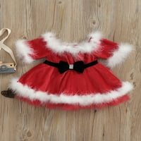 Божиќен Фустан за девојки, Црвено Здолниште Со Меурчиња Со Долги Ракави Надвор Од рамената Со Бел Крзнен Раб, 1 Година