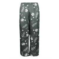 хуаи жени обични лабави цветни печати памук лен еластичен половината џеб широк нога панталони плус големина панталони за жени