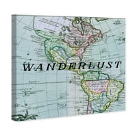 Студио мапи со Wynwood и знамиња wallидни уметности Платно печати „Светски мапи“ на „Wanderlust Travel“ - сина, црна боја